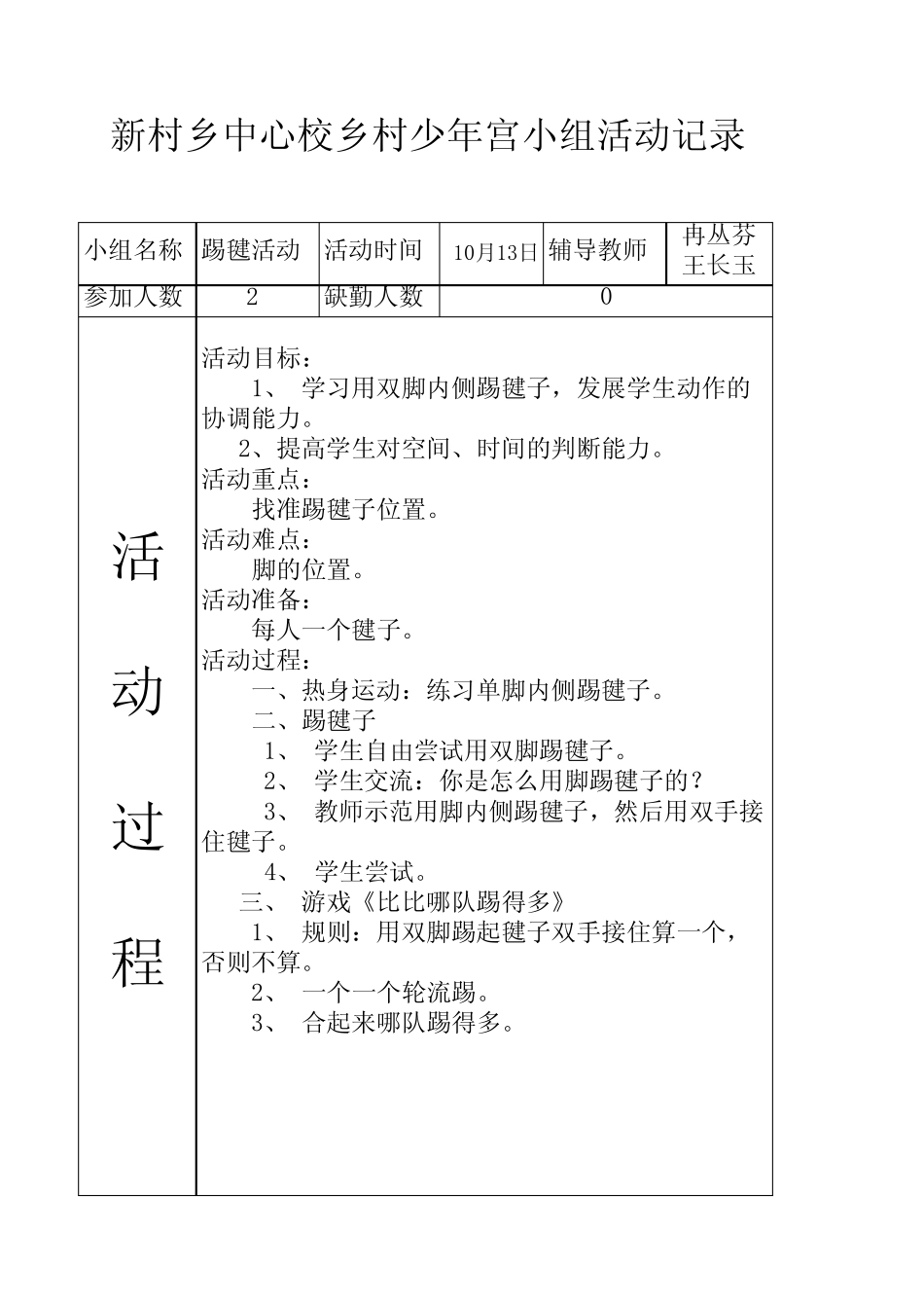 少年宫活动记录表(踢毽子)_第2页