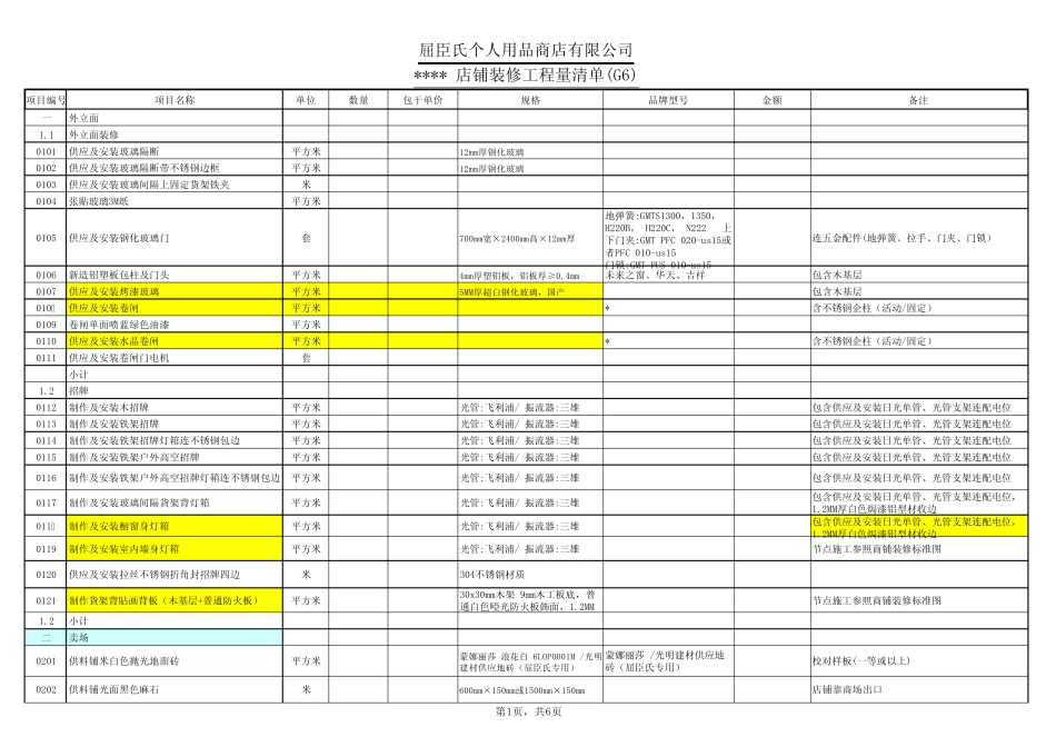 屈臣氏G6店铺装修工程量清单_第1页