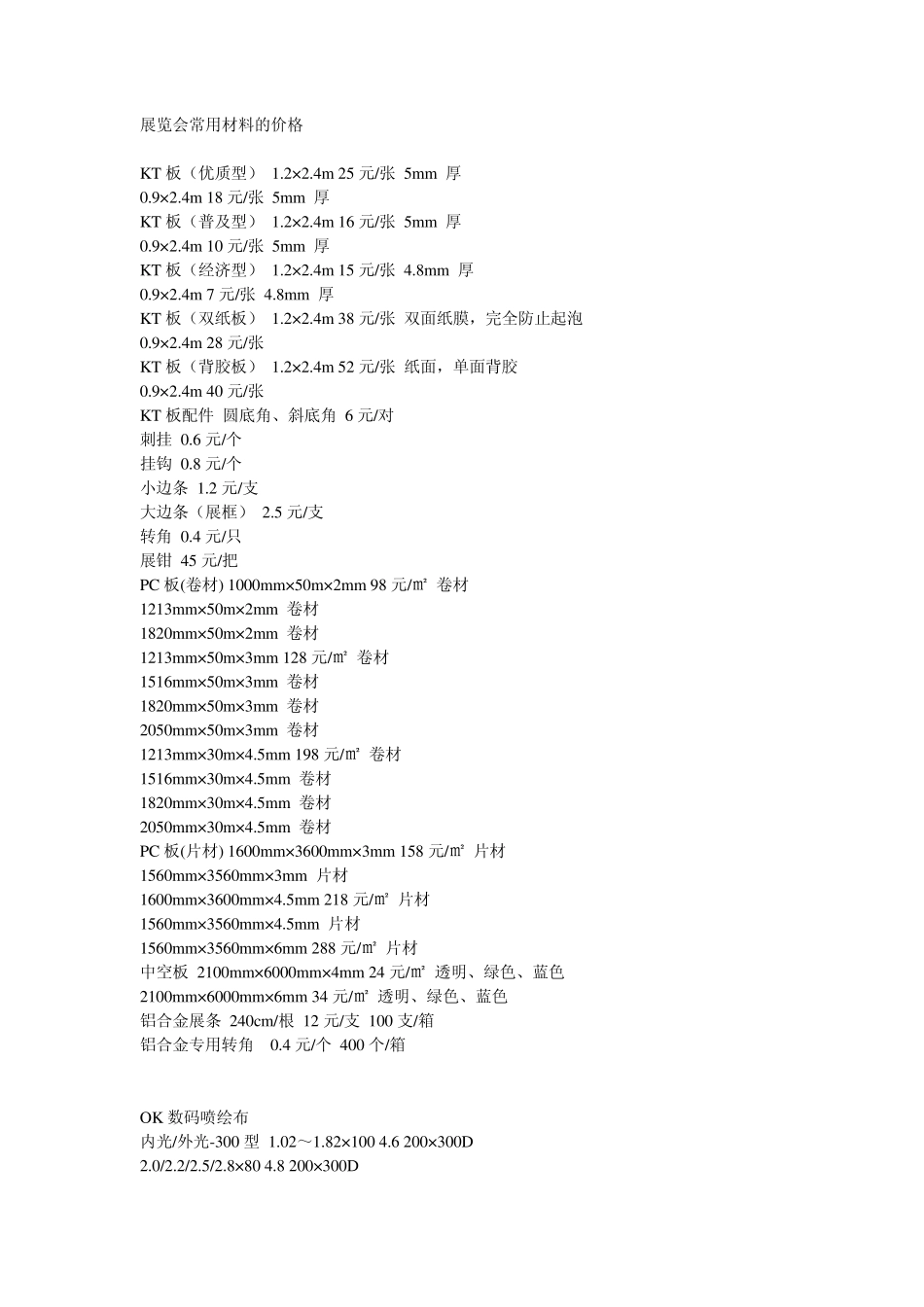 展览会常用材料的价格_第1页