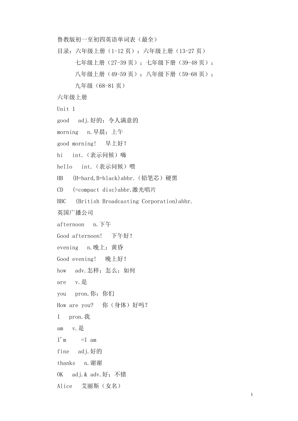 山东五四制英语单词整理归纳(中考必备)_第1页