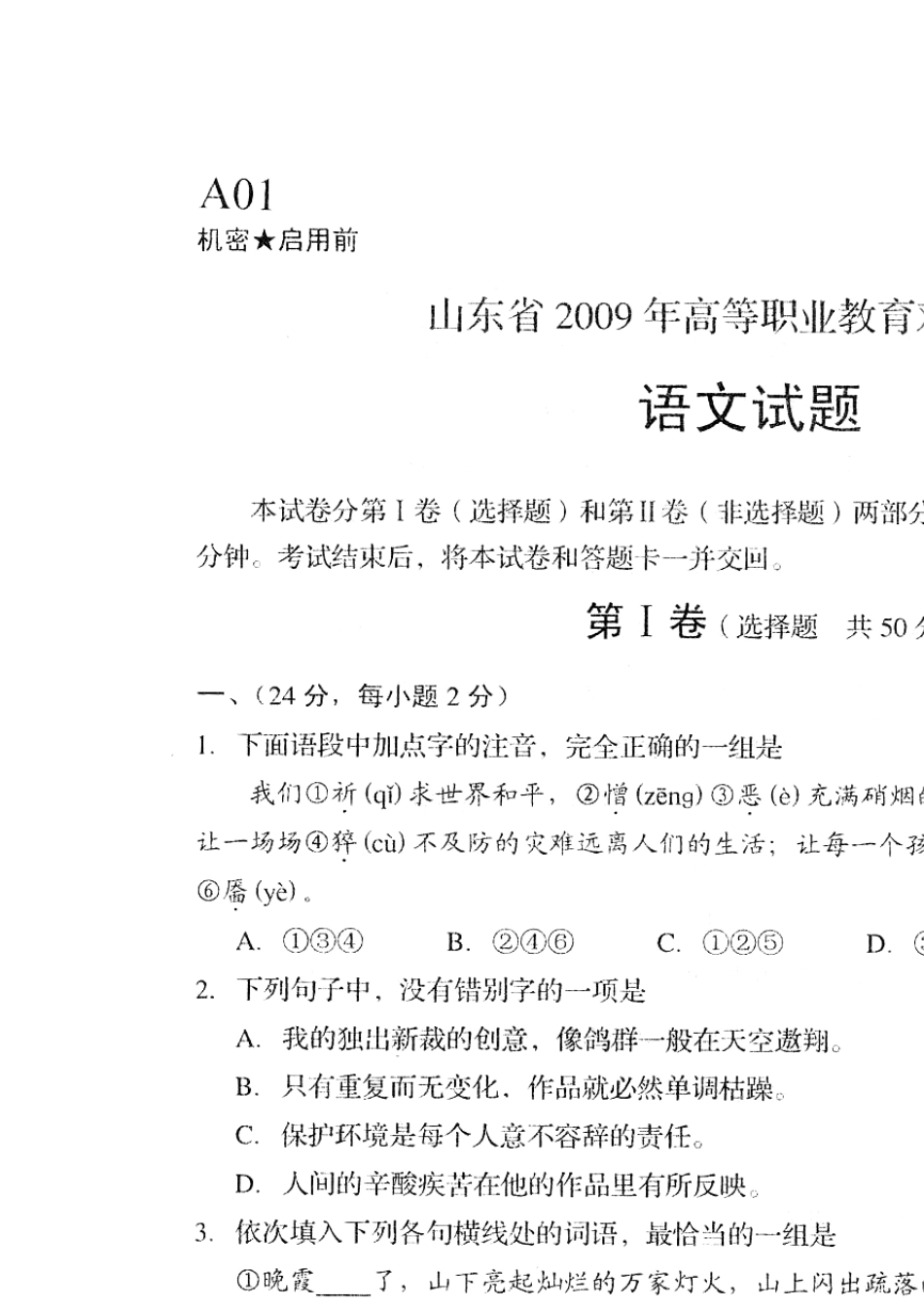 山东省2009年高等职业教育对口招生语文试题_第1页