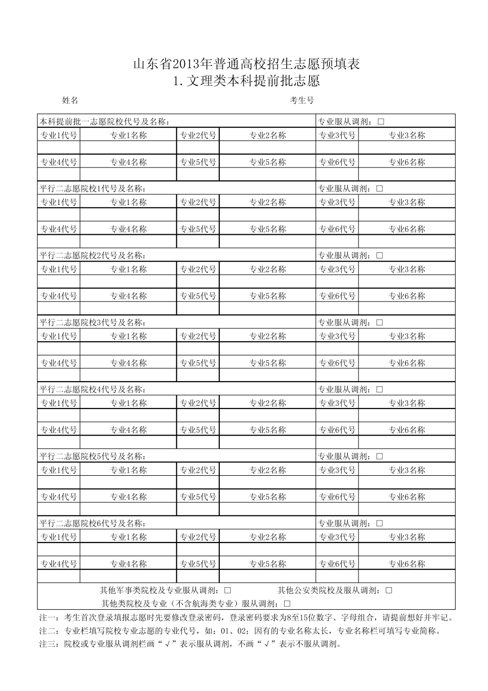 山东省2013年普通高校招生志愿预填表(全部13个)_第1页