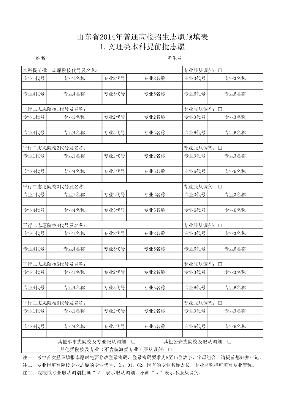 山东省2014年普通高校招生志愿预填表(全部)_第1页