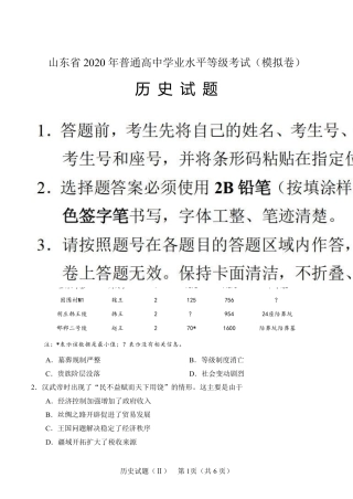 山东省2020年(5月)普通高中学业水平等级考试(模拟卷)历史试题及参考答案