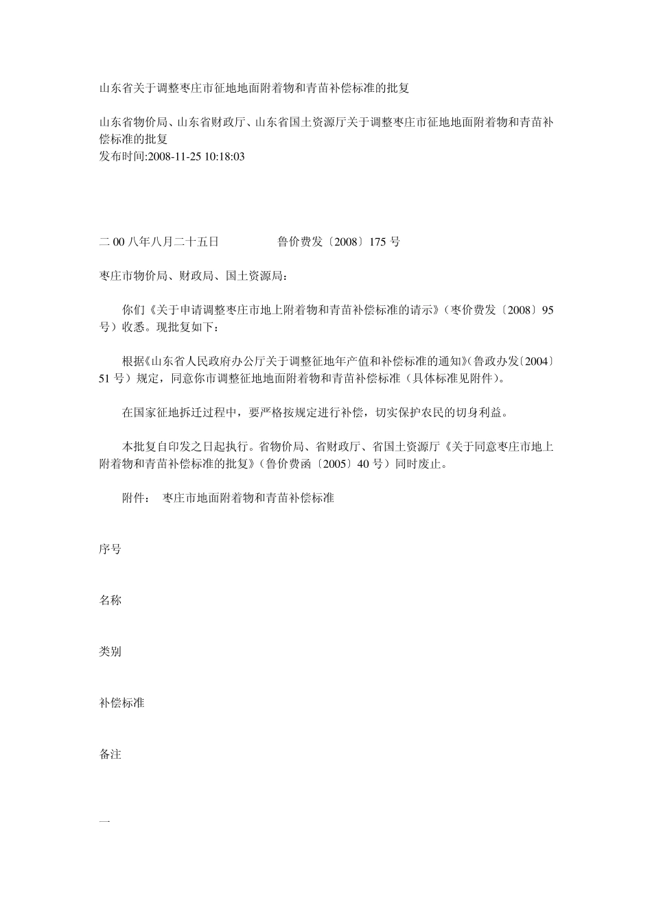 山东省关于调整枣庄市征地地面附着物和青苗补偿标准的批复_第1页