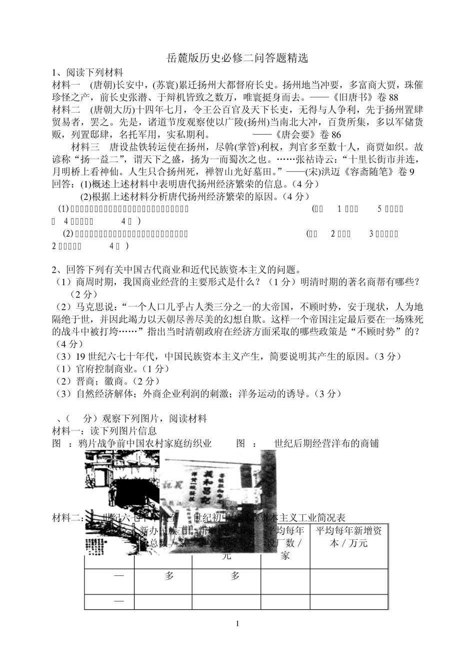 岳麓版历史必修二问答题经典题_第1页