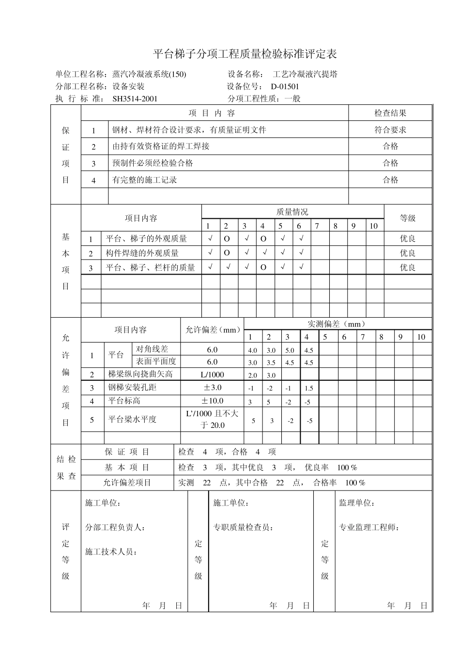 平台梯子分项工程质量检验标准评定表_第1页