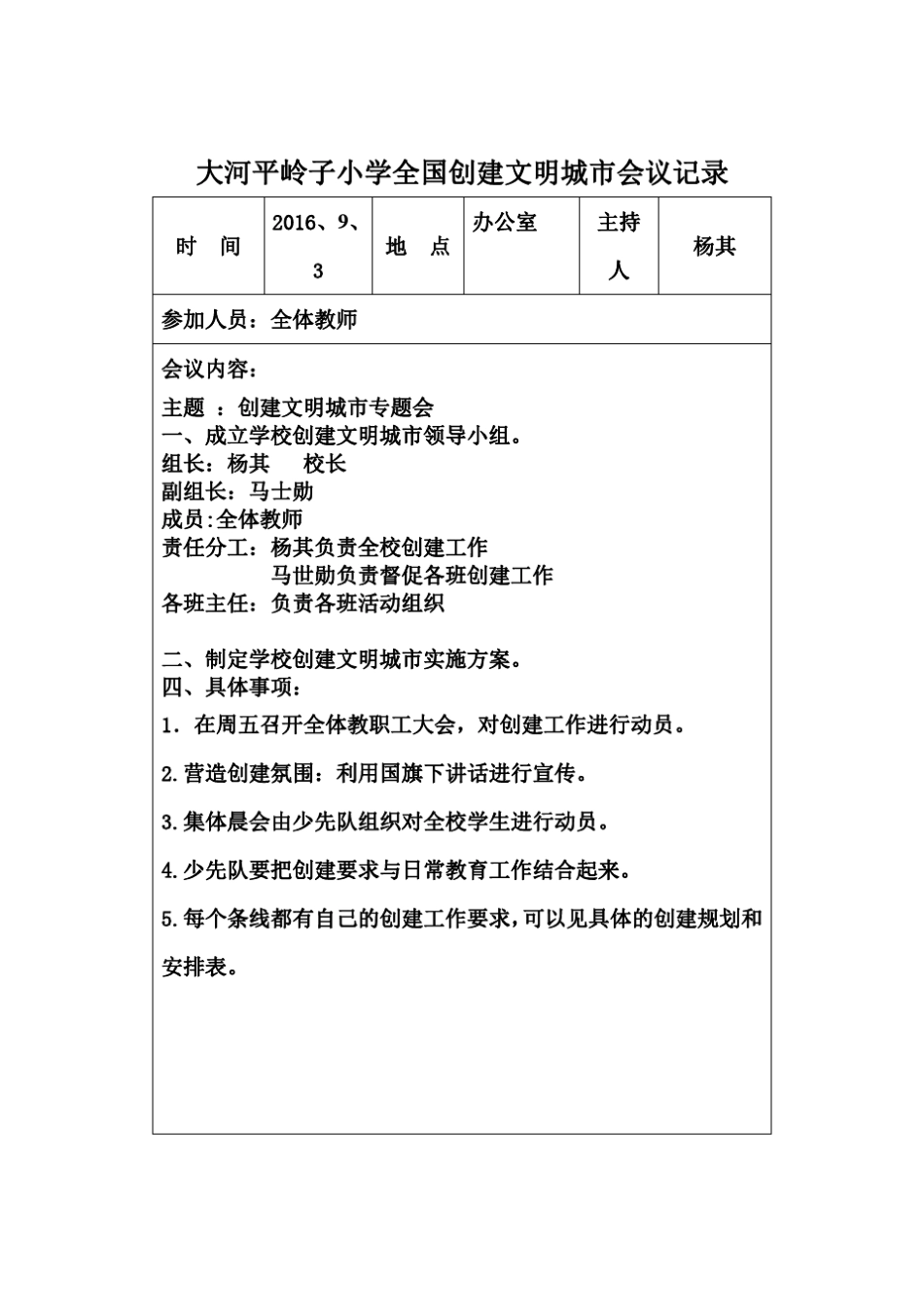 平岭子小学全国创建文明城市会议记录_第1页