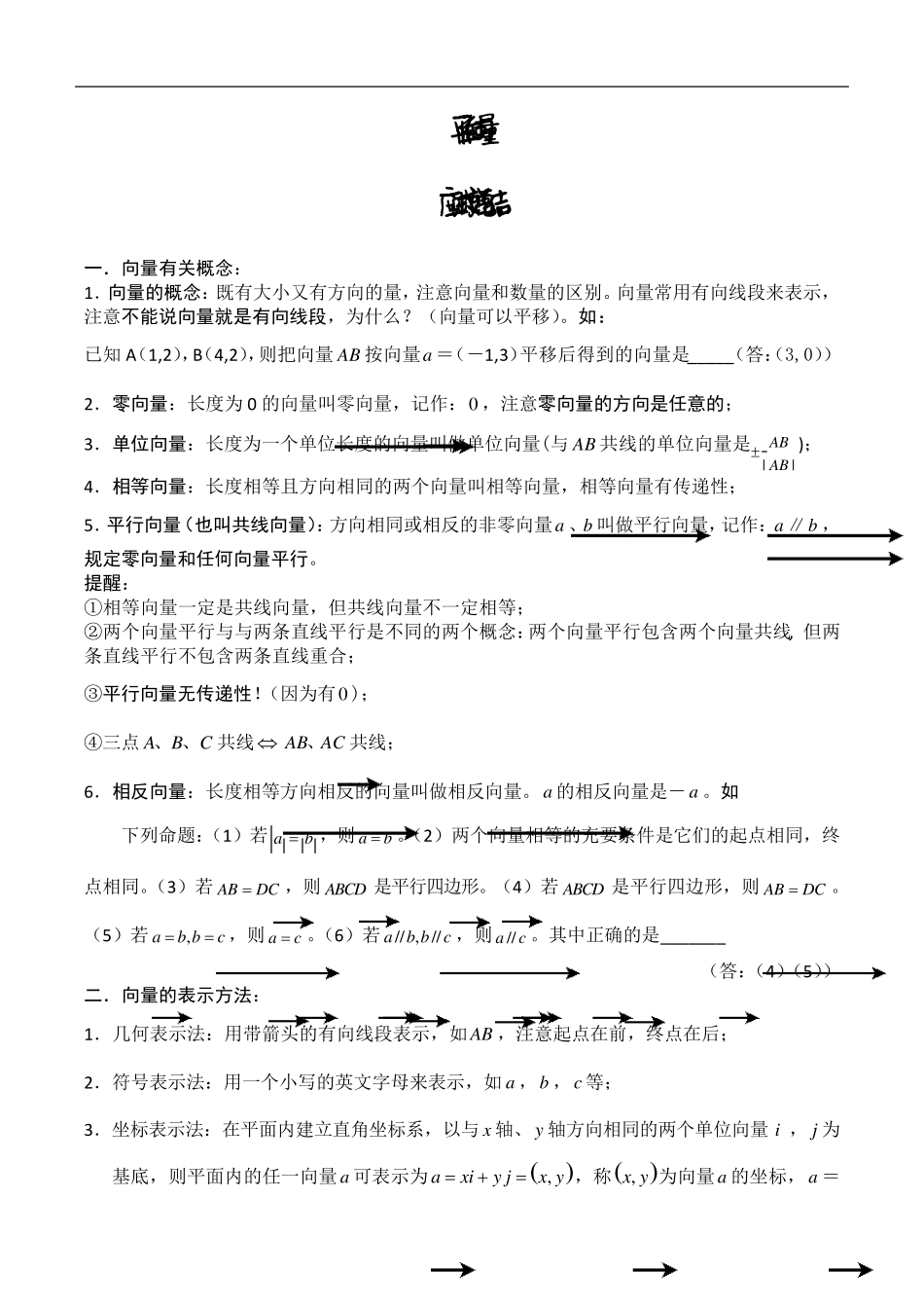 平面向量方法总结(带例题)_第1页