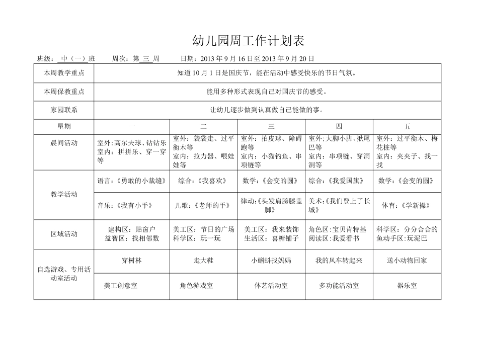 幼儿园中班周计划表_第3页
