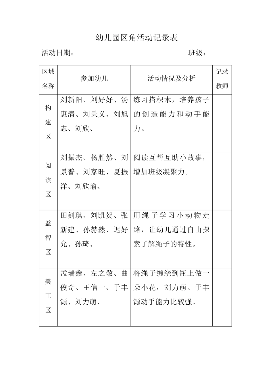 幼儿园区角活动记录表_第2页