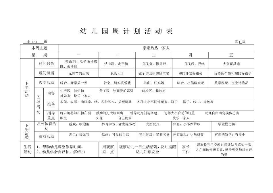 幼儿园周计划活动表(小班)_第1页