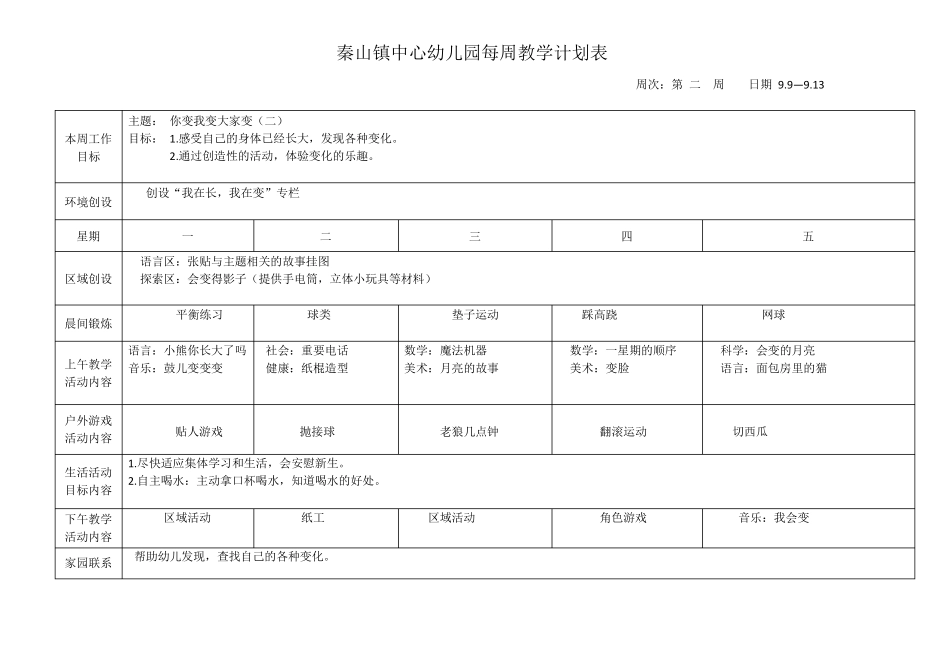 幼儿园大班每周教学计划表第一学期_第2页