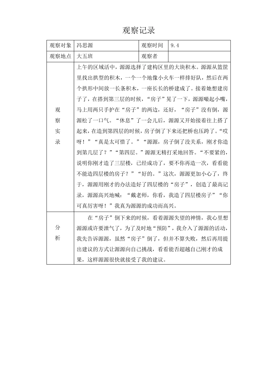 幼儿园大班观察记录50篇_第1页