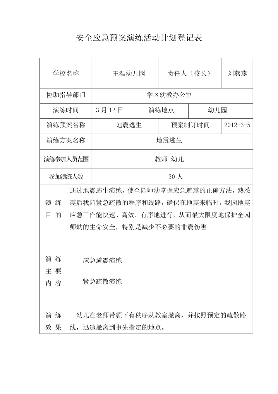 幼儿园安全应急预案演练活动计划登记表_第2页