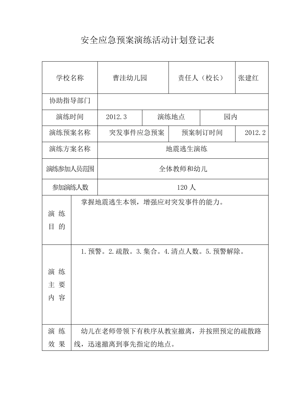 幼儿园安全应急预案演练活动计划登记表_第3页