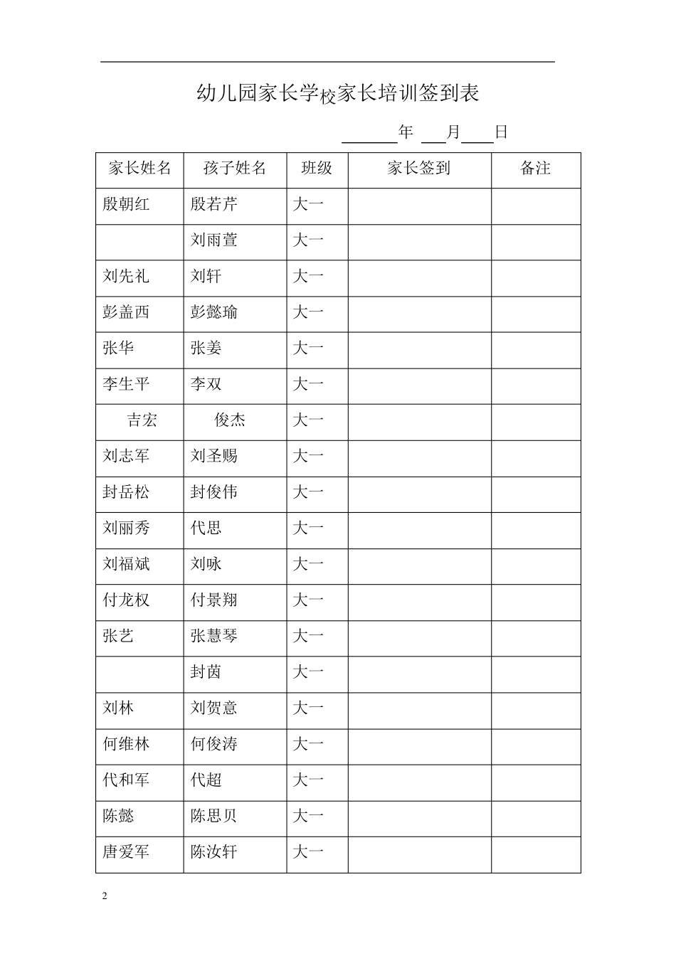 幼儿园家长学校家长培训签到表_第2页