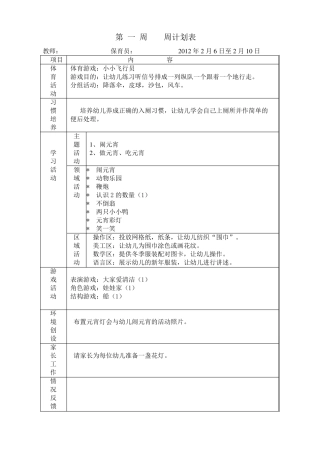 幼儿园小班下学期周计划2013
