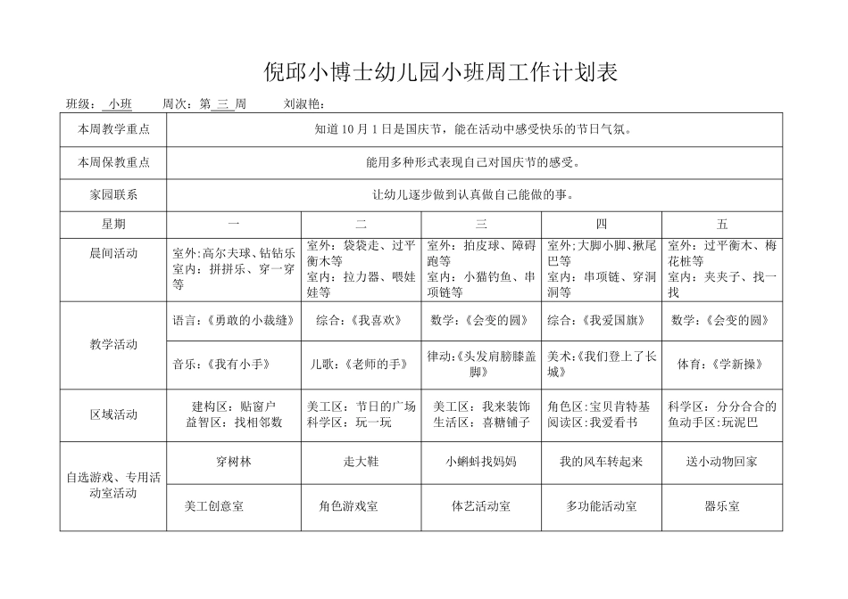 幼儿园小班班周计划表_第3页