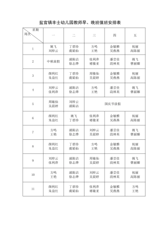幼儿园教师早晚班值班安排表