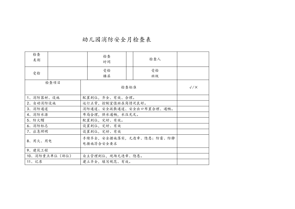 幼儿园消防安全月检查表(可打印)_第1页