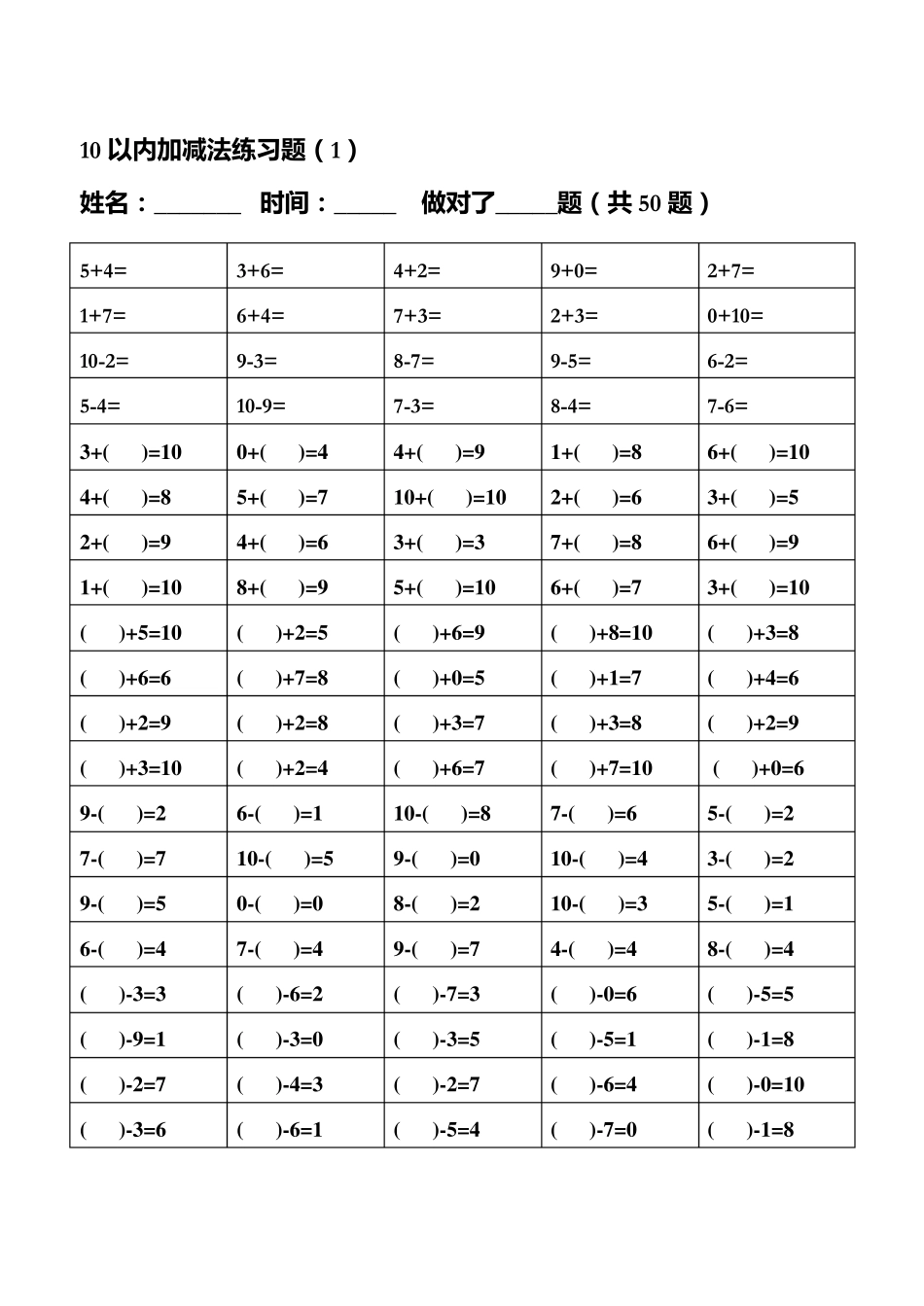 幼儿算术10以内加减法练习题整理版_第1页