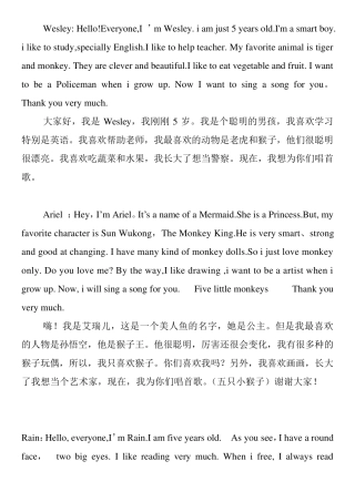 幼儿英语比赛自我介绍模本