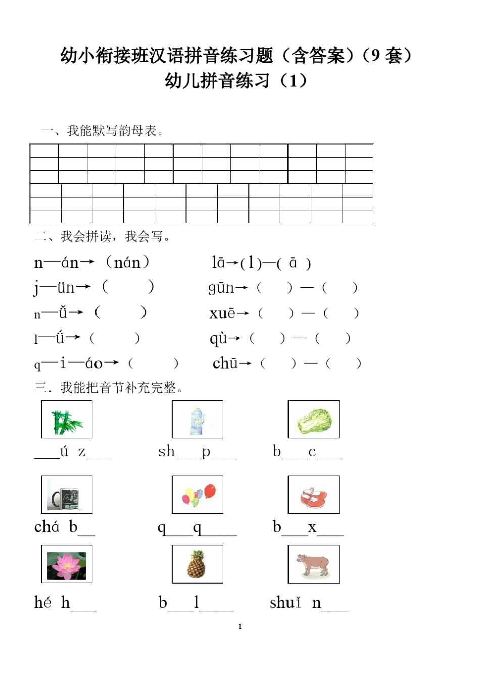 幼小衔接班汉语拼音练习题(9套)_第1页