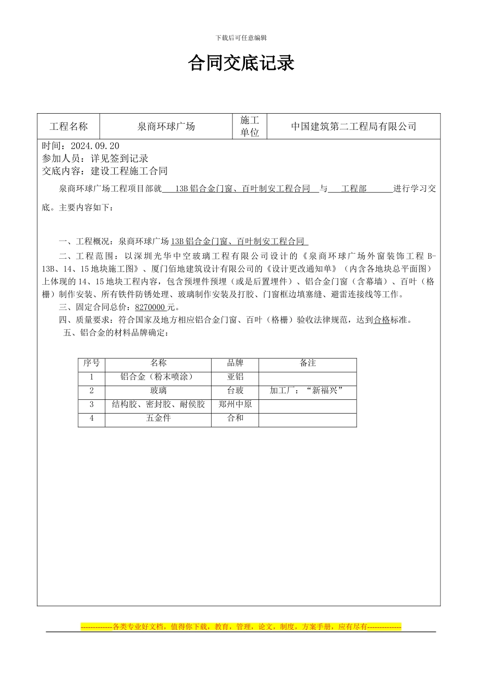 13B铝合金门窗制作与安装合同交底_第1页