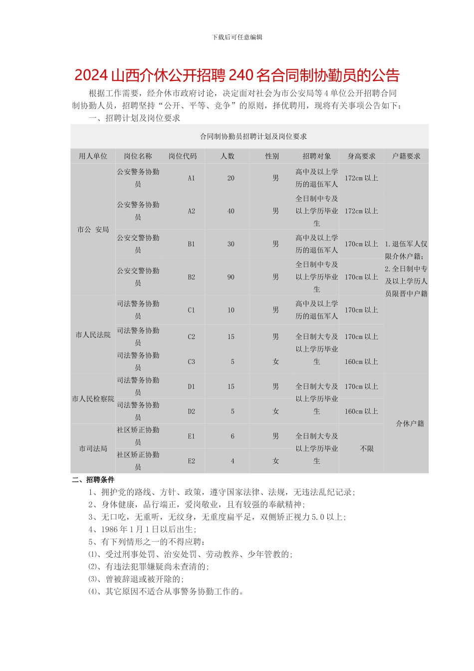 2024山西介休公开招聘240名合同制协勤员的公告_第1页