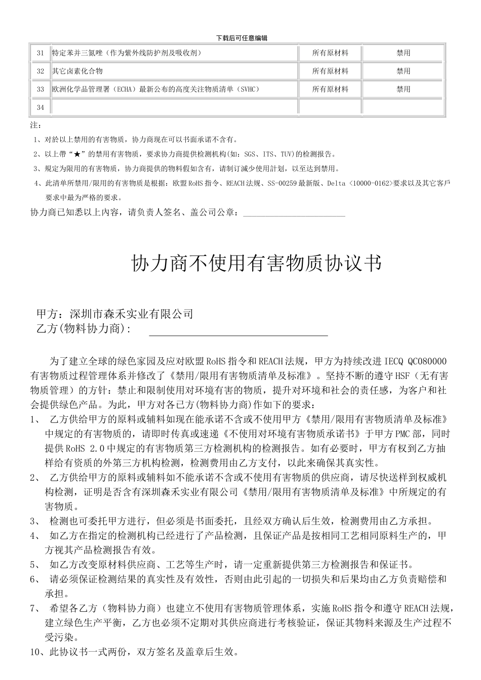 不使用有害物质协议书及禁用物质清单及承诺书_第2页