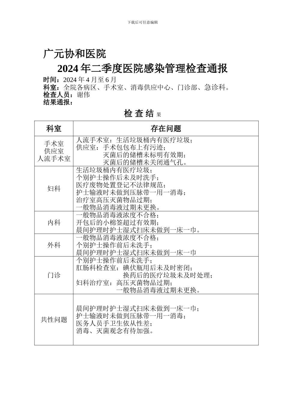 二季度医院感染管理检查通报_第1页