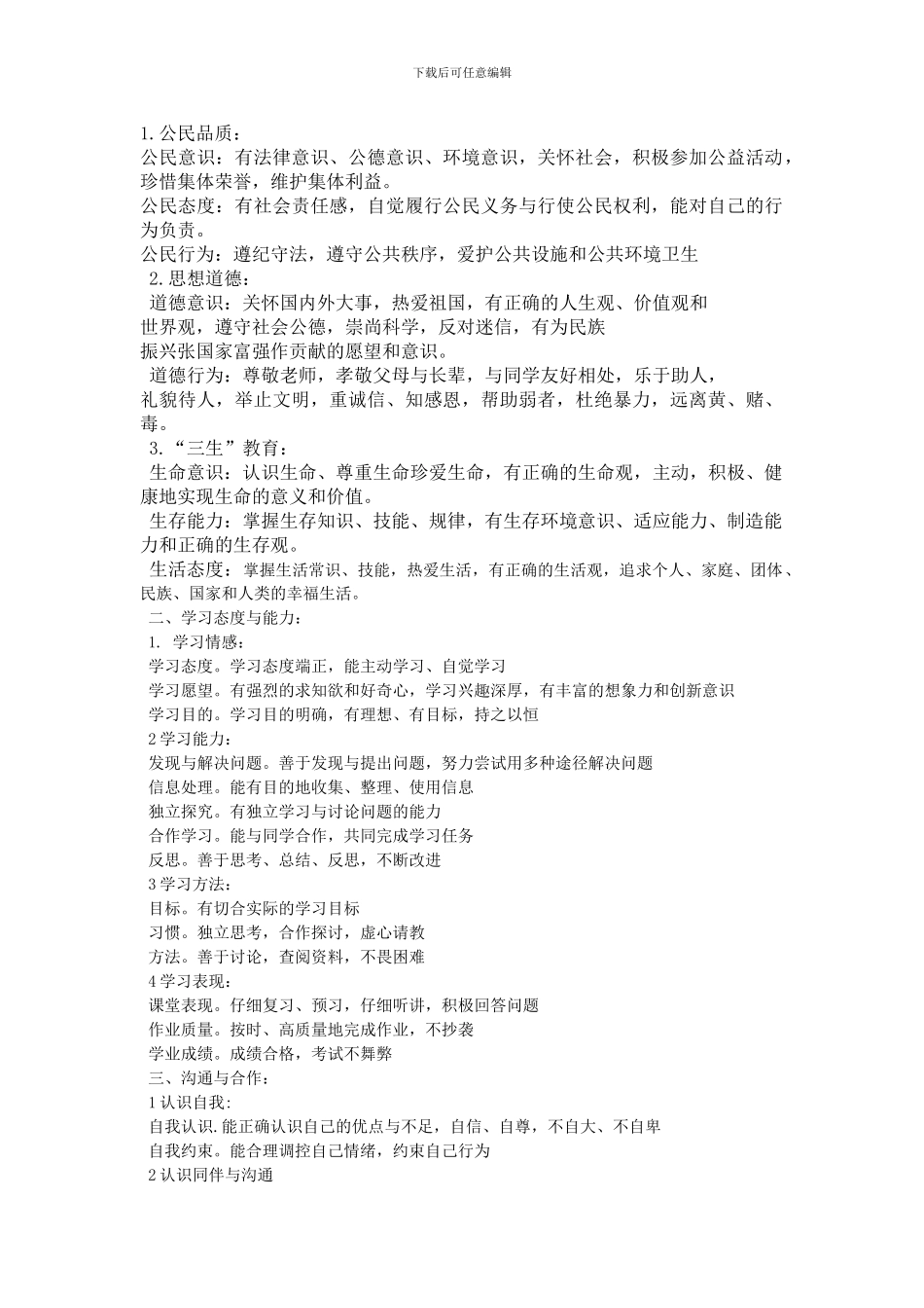 云南省普通高中学生成长记录手册-基本素质评价指标的要素与内容_第1页