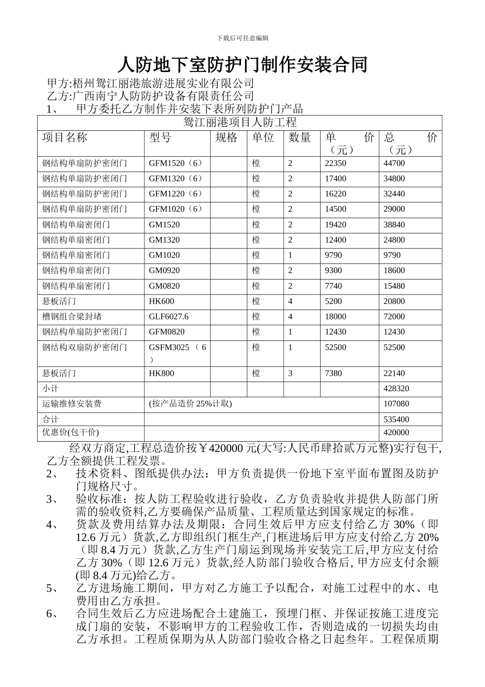 人防地下室防护门制作安装合同_第1页