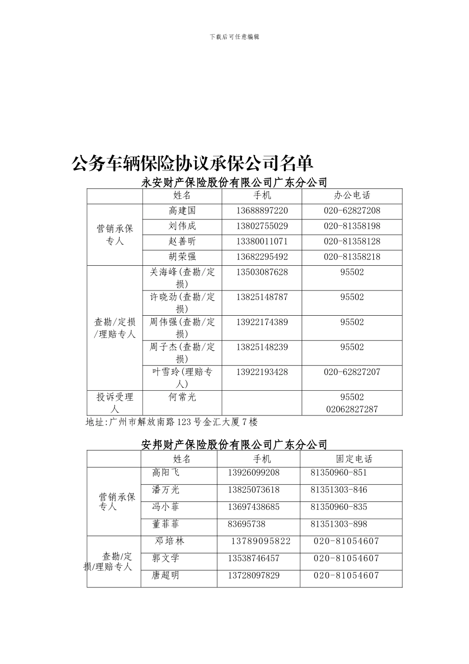 公务车辆保险协议承保公司名单_第1页