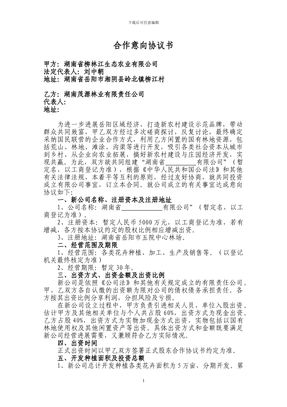 公司合作意向协议书20241012_第1页