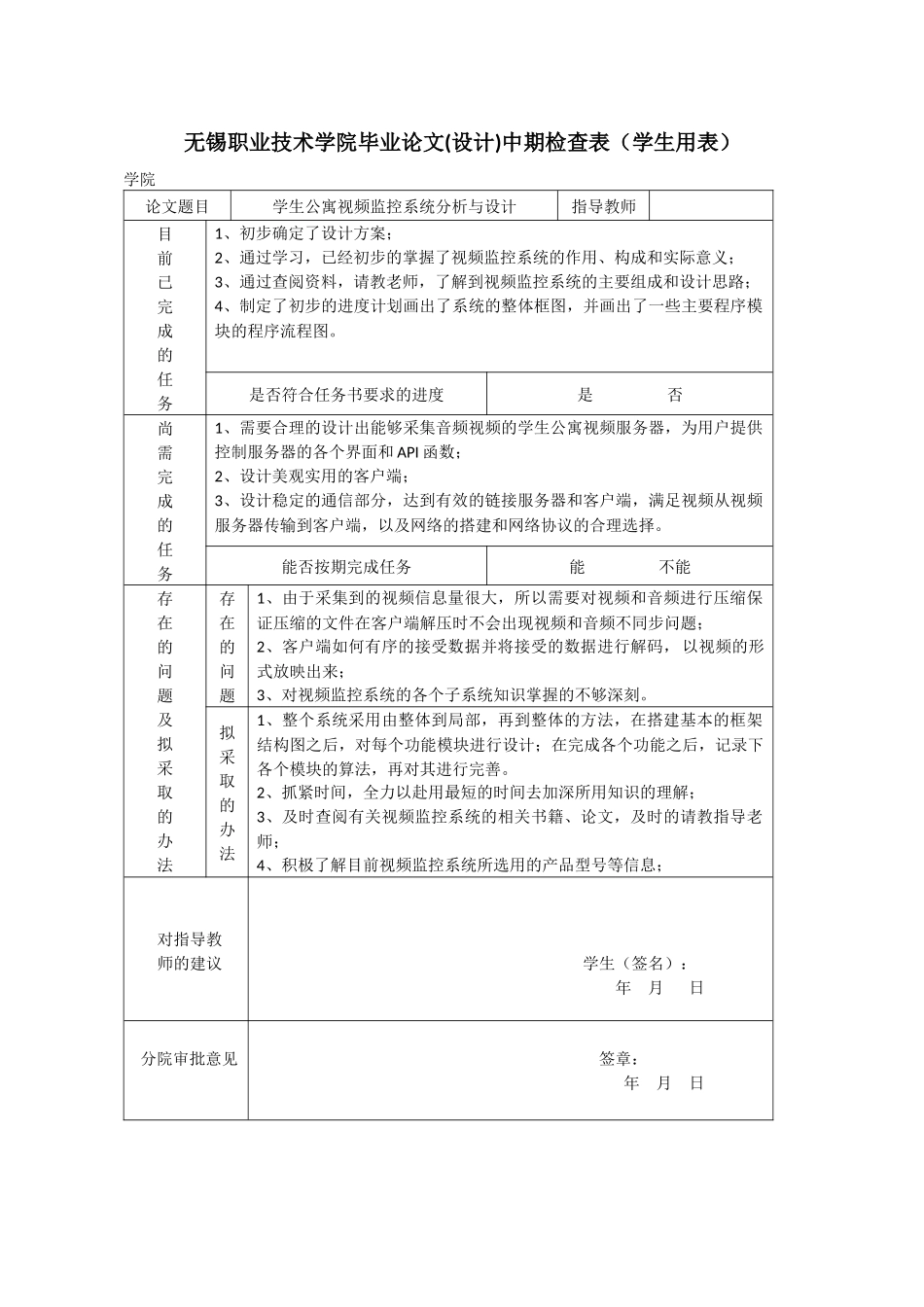 学生公寓视频监控系统分析与设计中期检查表_第1页