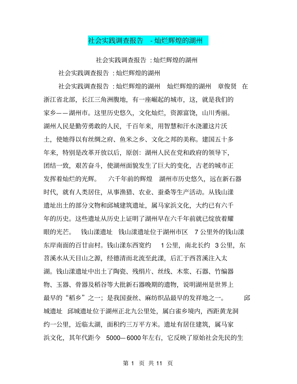 社会实践调查报告-灿烂辉煌的湖州【可编辑版】_第1页