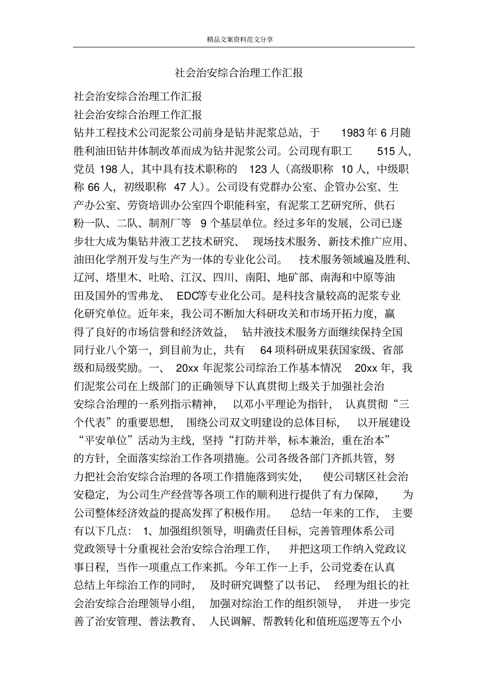 社会治安综合治理工作汇报-精品文案范文_第1页