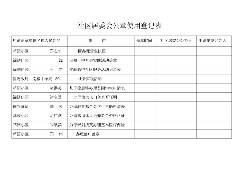 社区居委会公章使用登记表1_第1页
