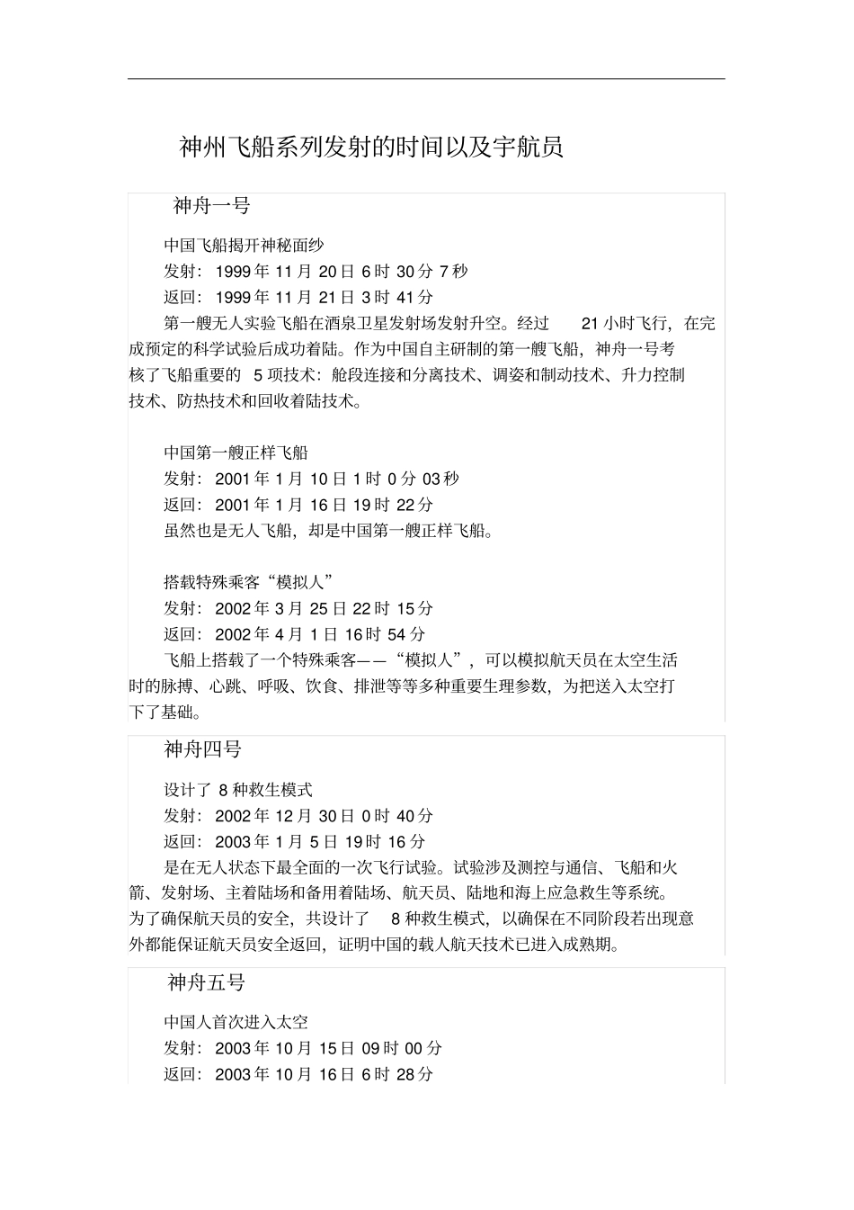 神州飞船系列发射的时间以及宇航员_第1页
