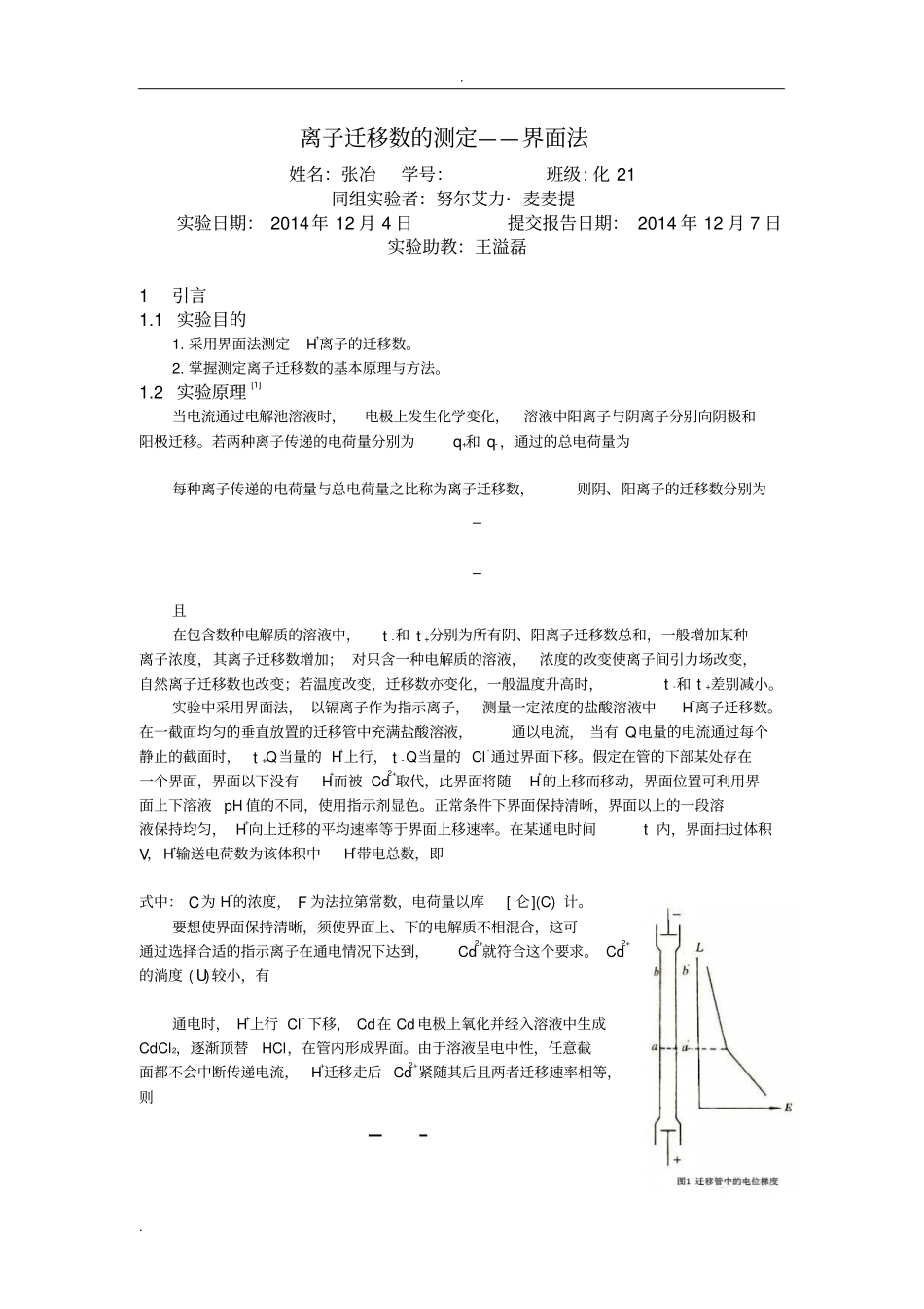 离子迁移数的测定试验报告_第1页