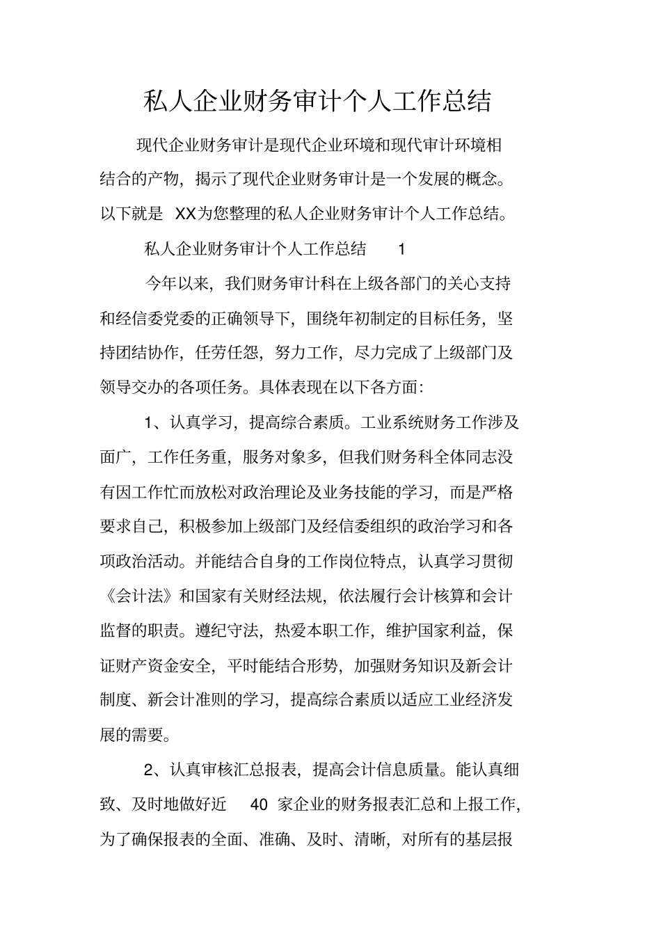 私人企业财务审计个人工作总结_第1页