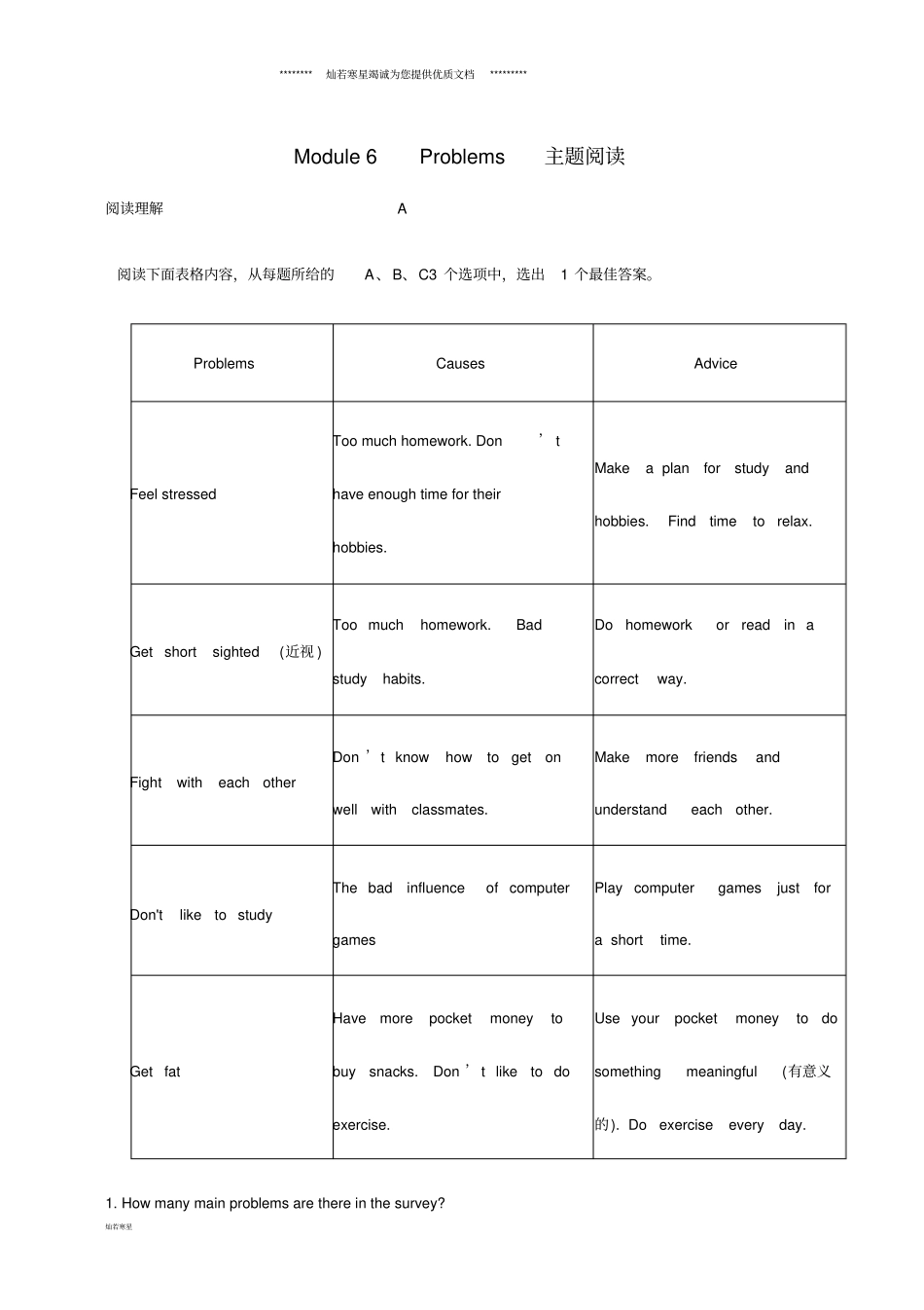 秋九年级英语上册Module6Problems主题阅读练习无答案新版外研版_第1页