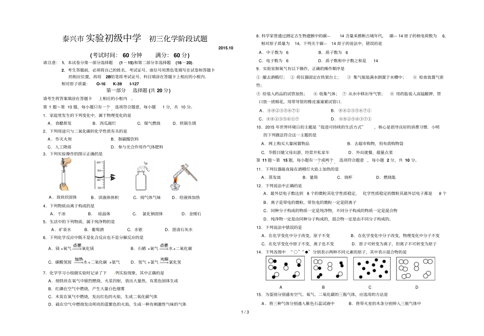 秋学期泰兴试验初中初三第一次阶段考试化学试卷_第1页