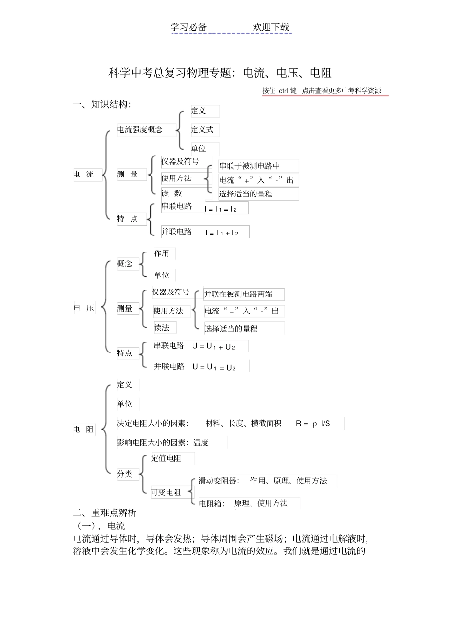 科学中考总复习物理专题电流电压电阻_第1页