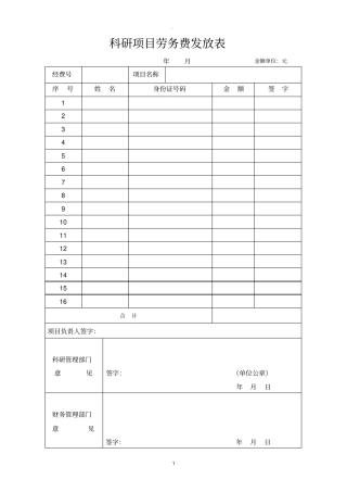 科研项目劳务费发放表
