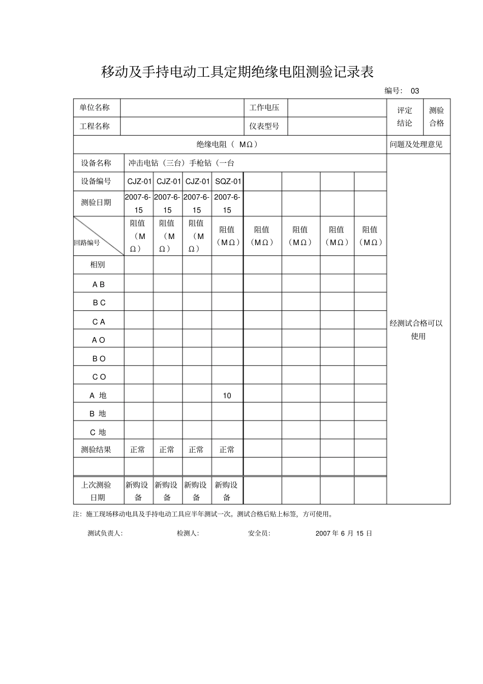 移动及手持电动工具定期绝缘电阻测验记录表_第3页