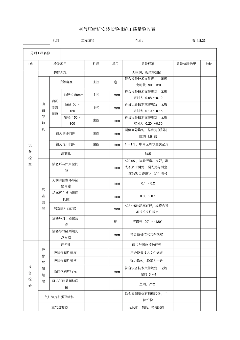 空气压缩机安装检验批施工质量验收表_第1页
