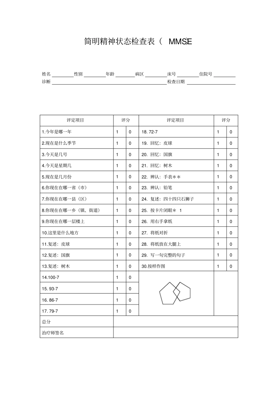 简明精神状态量表MMSE推荐文档_第1页